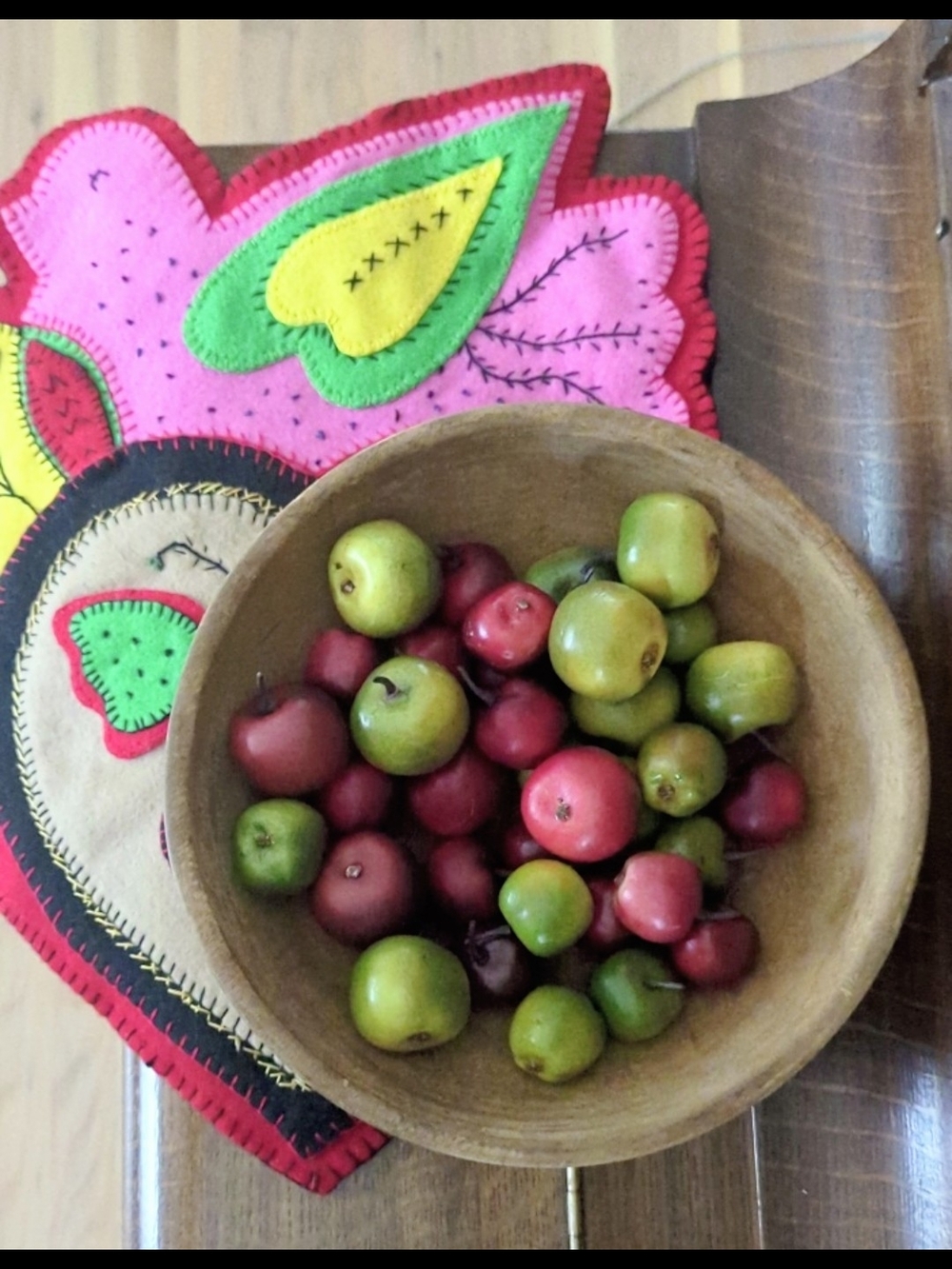 Primitive Folk Art Bundle: Hand-Turned Wood Bowl, Crabapples & Penny Rug